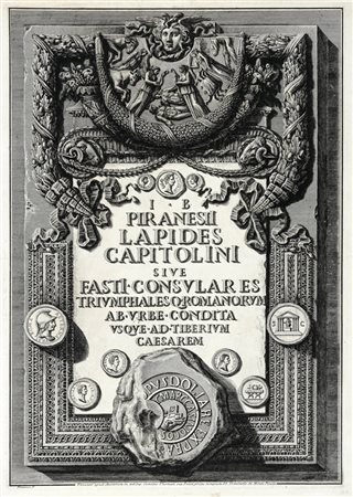 Giovanni Battista  Piranesi, Frontespizio de Le rovine del castello dell'Acqua Giulia... e altri titoli incisi. Roma: 1761.