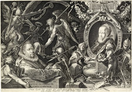 Aegidius  Sadeler II, Allegoria della Morte con doppio ritratto di Bartholomäus Spranger e della moglie Christina Müller. 1600.