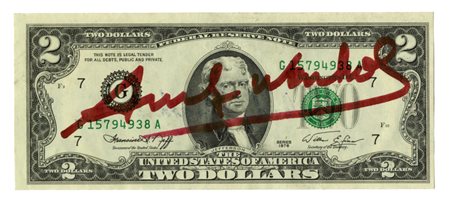 Andy Warhol, 2 dollars signed by Andy Warhol. 1976.