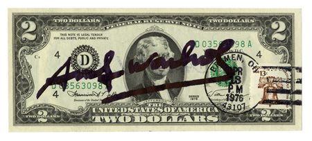 Andy Warhol, 2 dollars signed by Andy Warhol. 1976.