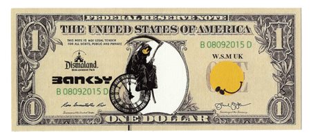 Banksy, Dismal dollar canvas. The smiling death. 2015.