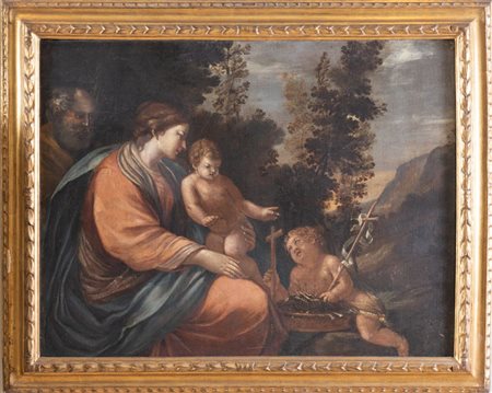 Maestro del XVII secolo. "Sacra Famiglia con S. Giovannino". Olio su tela. Cm...