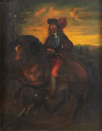 Maestro nordico del XVIII secolo. "Ritratto di uomo a cavallo". Cm 108x89.5....