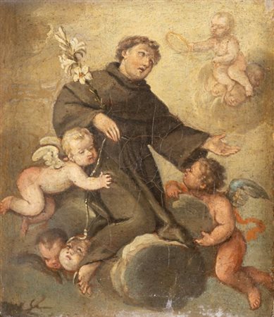 Maestro del XVIII secolo. "Sant'Antonio in gloria con angeli". Olio su tela....