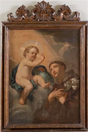 Maestro emiliano del XVIII secolo. "Sant'Antonio con Gesù bambino". Olio su...