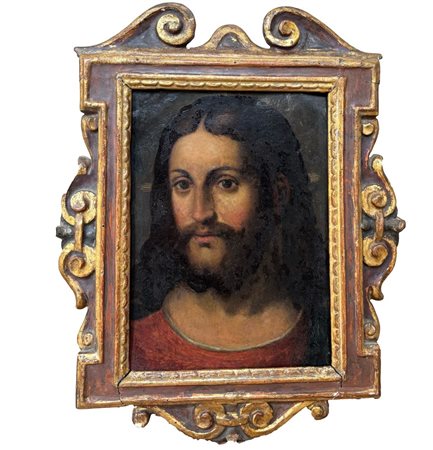 Maestro veneto del XVI secolo "Cristo". Olio su rame. Cornice antica...