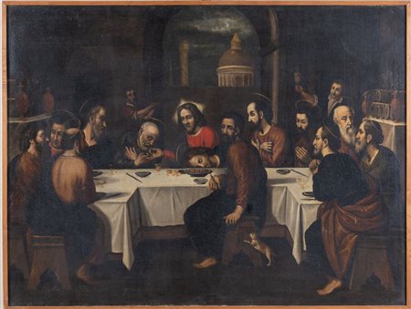 Maestro del XVII secolo. "Ultima cena". Olio su tela. Cm 87x115.