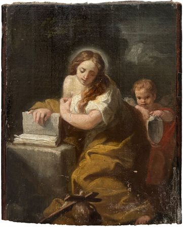 Maestro del XVIII secolo "Maddalena con angelo". Olio su tela applicata su...