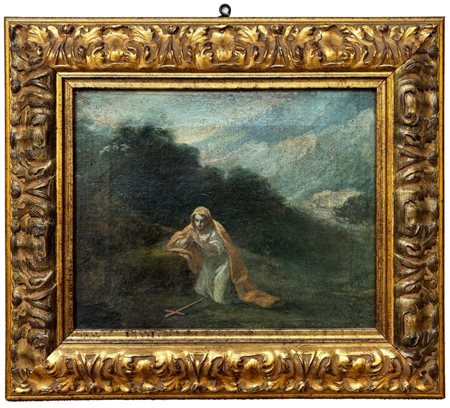 Ambito di Giovanni Maria Crespi. "Santa in preghiera in paesaggio". Olio su...