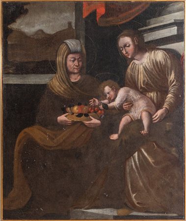 Maestro del XVII secolo. "Madonna con Bambino e Sant'Anna". Olio su tela. Cm...