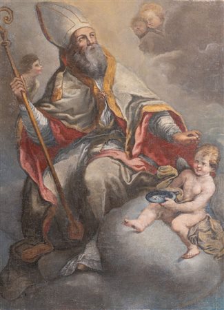 Maestro del XVIII secolo. "Santo Vescovo in gloria". Olio su tela. Cm...