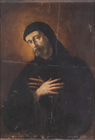 Maestro del XVII secolo. "Figura di Santo". Olio su tela. Cm 101x70.