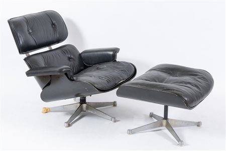 HERMAN MILLER Poltrona modello 670 e ottomana modello 671, in palissandro...