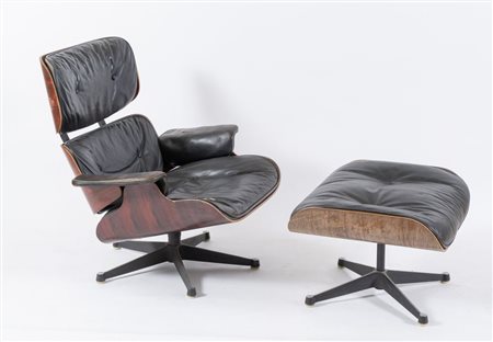 HERMAN MILLER Poltrona e ottomana, modello 670 e 671. In palissandro chiaro e...