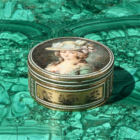 Tabacchiera in oro, smalti e miniatura,  Francia fine del XVIII secolo