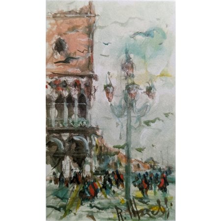 MERELLI ROBERTO - SCORCIO VENEZIANO CON FIGURE 25X15 OLIO SU CARTONE