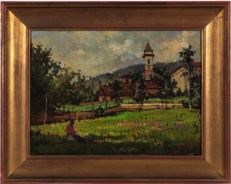 Enrico Reycend (1855-1928) Paesaggio Olio su tavola cm 30x40 Firma in basso a...