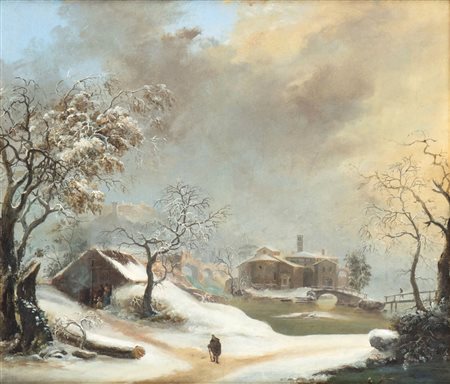 Francesco Foschi (Ancona 1710-Roma 1780) Paesaggio invernale con viandante e...