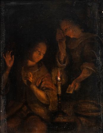 Godfried Schalcken (attribuito a) (Drimmelen 1643-L'Aia 1706) Interno a lume...