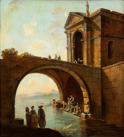 Hubert Robert (cerchia di) (Parigi 1733-Parigi 1808) Paesaggio con ponte e...