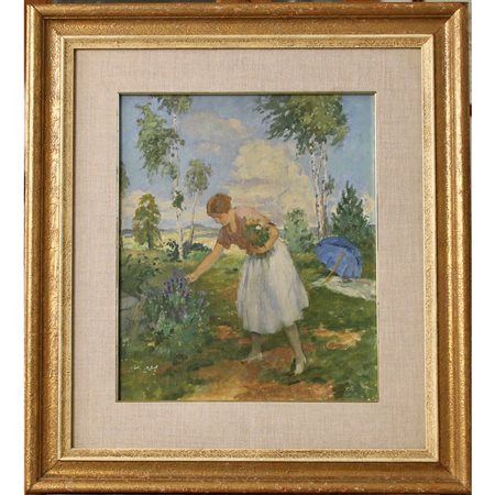 Scuola francese dell'inizio del secolo XX "Donne in giardino" - French school of the beginning of the 20th century "Women in the garden"