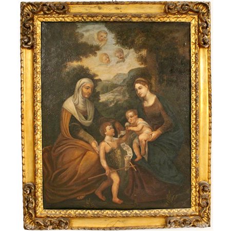 Scuola veneta degli inizi del secolo XVIII "Madonna con bambino, Sant'Anna e San Giovannino" - Venetian school of the beginning of the 18th century "Madonna with child, Saint Anna and Saint John"