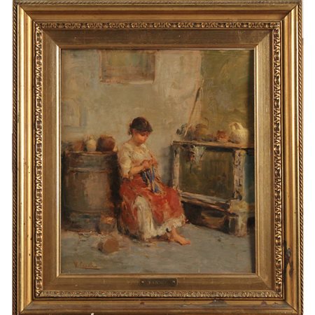 Vincenzo Caprile (1856/1936) "Scena di interno con filatrice" - "Interior scene with spinner"