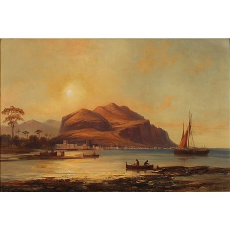 Josef Carl Berthold Püttner (1821/1881) "Veduta di Monte Pellegrino con barche di pescatori" - "View of Monte Pellegrino with fishing boats"