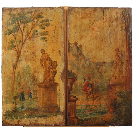 Scuola italiana del secolo XVIII "Paesaggi con ruderi e figure" - Italian school of the 18th century "Landscapes with ruins and figures"