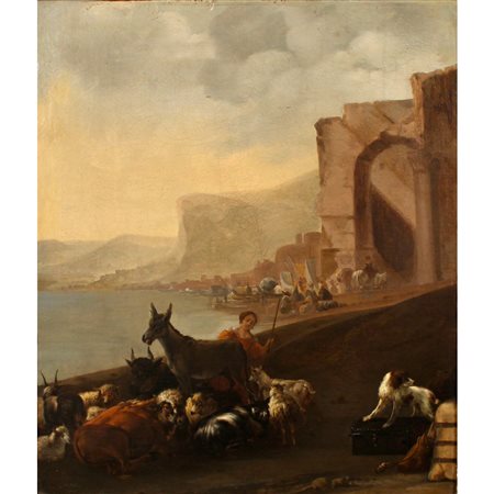 Scuola romana del secolo XVIII "Contadina con ruderi e armenti" - Roman school of the 18th century "Peasant woman with ruins and herds"