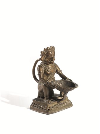 Hanuman, Nepal Sec. XVIII-XIX, in bronzo, su base in legno alt. cm...