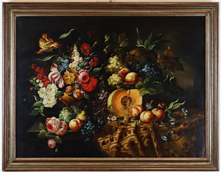 Ignoto dall'antico "Composizione con fiori e frutta"
olio su tela (cm 73x100)
i