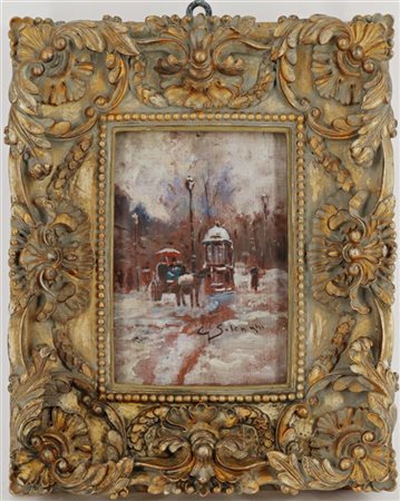 Giuseppe Solenghi "Carrozza sotto la neve a Milano" 
olio su tavoletta (cm 17x11