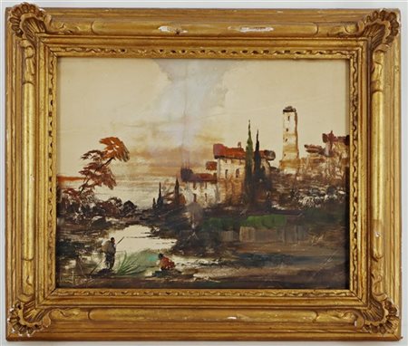 Lucio Cargnel "Paesaggio lacustre con borgo" 
olio su cartone (cm 23x30)
Firmato