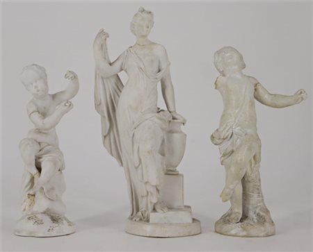 Manifattura di Vienna, secolo XIX. Lotto composto da coppia di putti allegorici