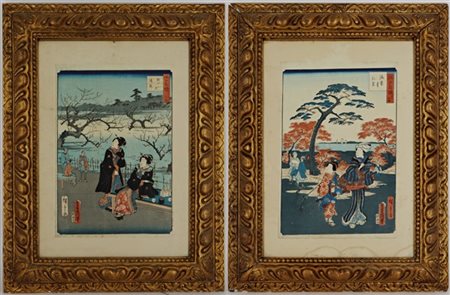 Due stampe da disegni di Kunisada (1786-1865) e Hiroshige II (1826-1869), entra