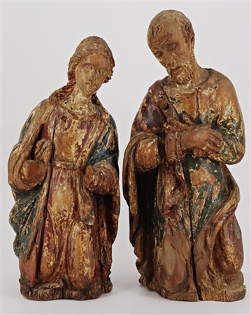 Scultore del secolo XVII. "Vergine" e "San Giuseppe", legno intagliato con trac