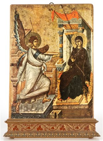  
Icona raffigurante l'Annunciazione dell'Angelo Gabriele alla Vergine XX secolo
 Altezza x larghezza x profondità:  41 x 26 x 6 cm.