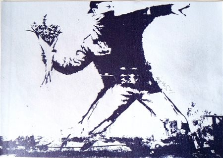 BANSKY (1974-74) Stencil e Spray su Tela CM 29X20 Titolo -Il Famoso lancio di...
