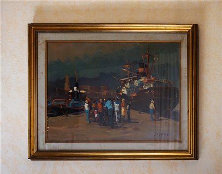 Veduta di molo con battello e figure
Pittore italiano del XX secolo