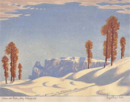 Engelbert Lap (Graz 1886 - Innsbruck 1970) Inverno sul Renon;Xilografia a...