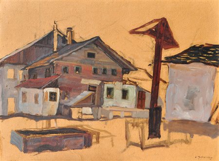 Leopold Scheiring (Nassereith 1884-1927) Fattoria in Tirolo;Olio su cartone,...