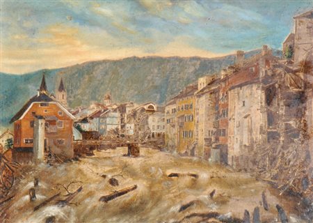 Frank alluvione a Brunico nel 1882;Olio su lastra, 21,5 x 31,5 cm, in...