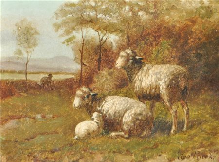 Georg Riecke (1848 - 1930) Pecore al pascolo;Olio su tela 23 x 30,5 cm,...