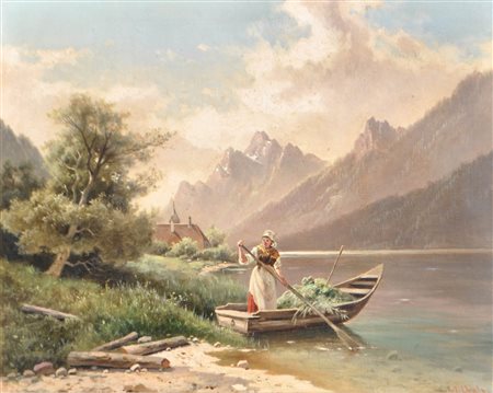 Fritz Chwala (Wien/Vienna 1872 - 1936) Lago alpino;Olio su tela, 42,5 x 53...