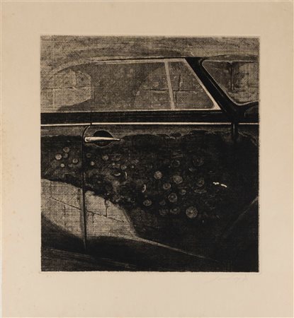 Piero Guccione (Scicli 1935-Modica 2018)  - Riflessi sulla Volkswagen (fiori, macchina e muro), 1973