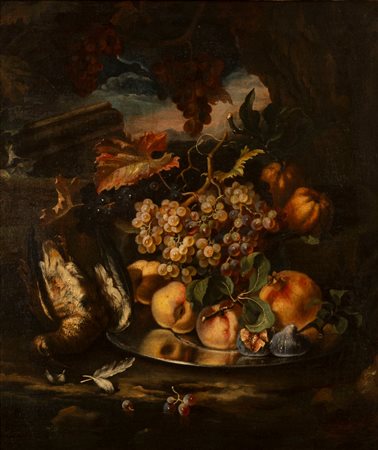 Pietro Navarra (attivo a Roma tra il 1685 e il 1714) - Natura morta di frutta su un piatto d'argento, volatile e frammenti architettonici entro un paesaggio