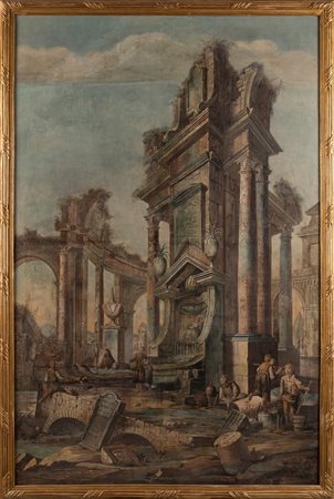 Scuola emiliana, secolo XVIII - Capriccio architettonico con antiche rovine e astanti