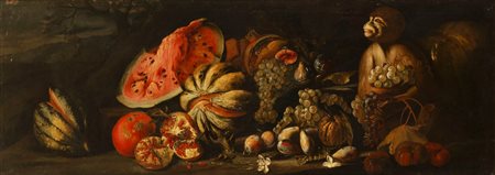 Scuola napoletana, secolo XVII - Anguria, melone, melograno e altri frutti con scimmietta en plein air