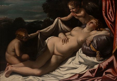 Attribuito a Giovanni Lanfranco (Parma, 1582 – Roma, 1647) - Venere dormiente con due amorini